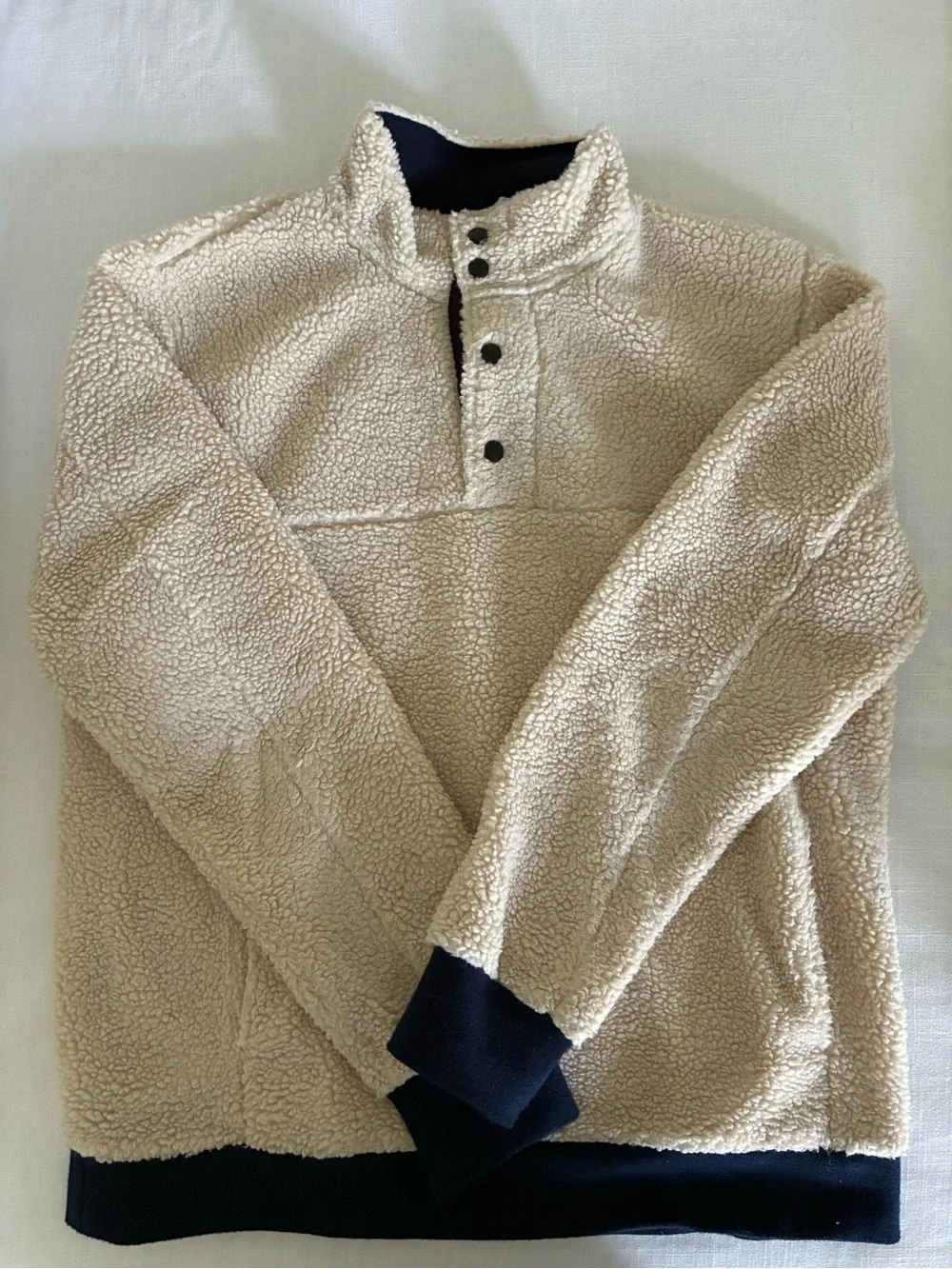 J. Crew Cream Sherpa Snap Pullover with Navy Trim.